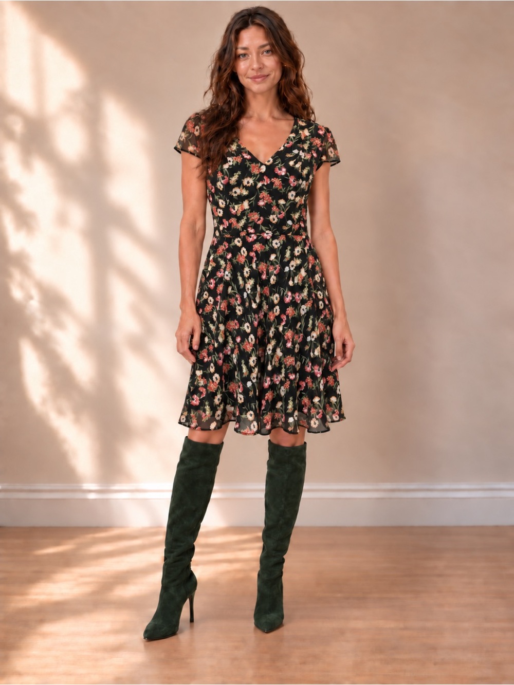 Betsey Johnson Black Floral Chiffon Fit & Flare Tea Dress Size 6